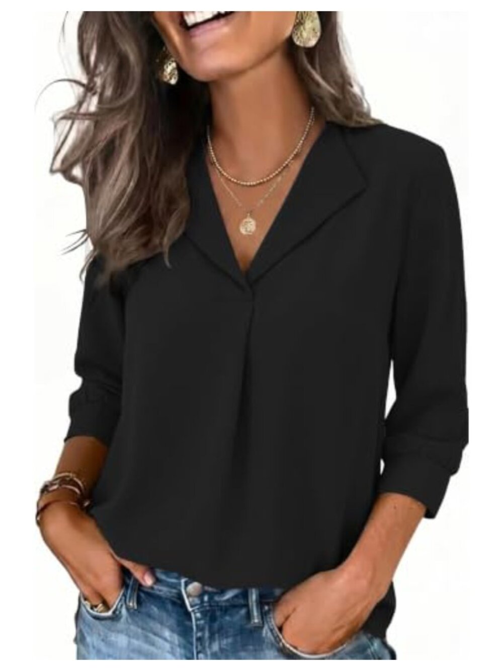 3/4 Sleeve Blouse Women Dressy Casual V-Neck Blazer Collar Work Business Top